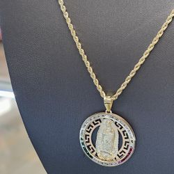 10kt Gold Rope Chain With Virgin Marry Pendant 