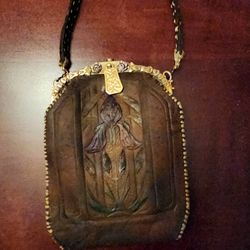 1920sAntique Art Nouveau Embossed Leather Jemco Bag Metal Hardware Iris Pattern