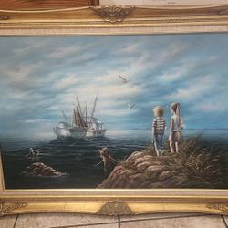 ORIGINAL GUILIANO "Dreams by the Sea" Seascape Canvas Painting Antique Gold Gilded Wood Frame RARE Make Offers 