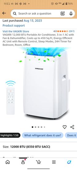 VAGKRI 12,000 BTU Portable Air Conditioner