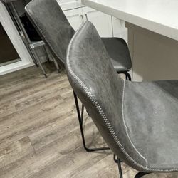 (2) Matching Pair of Grey Leather type high barstools (Floor to Seat:  29”), with rubber  floor pads and in Excellent Condition.  Price for both only.