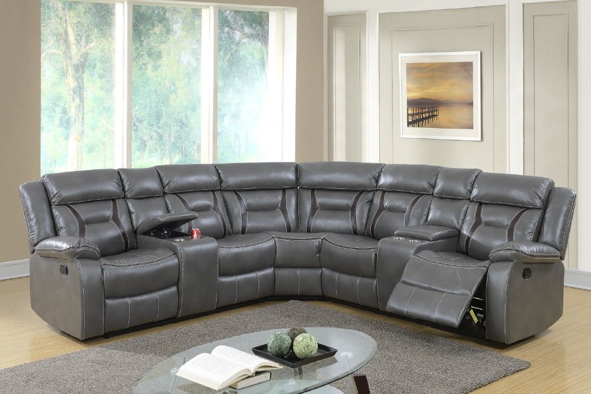 Brand New Grey Leather Reclining Sectional Sofa