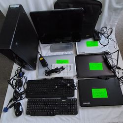 Desktop, Monitor, Cables, Keyboards, and 4 Laptops