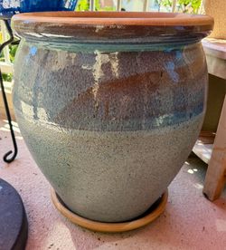 Large Glazed Terracotta Plant Pot Blue/Green 20” high x 16” wide
