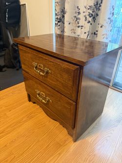 Vintage Oak 2 Drawer Nightstand with Brass Hardware