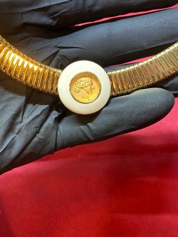 Vintage Monet Roman Revival Caesar Coin Omega Collar Necklace – Gold Tone Enamel Cameo