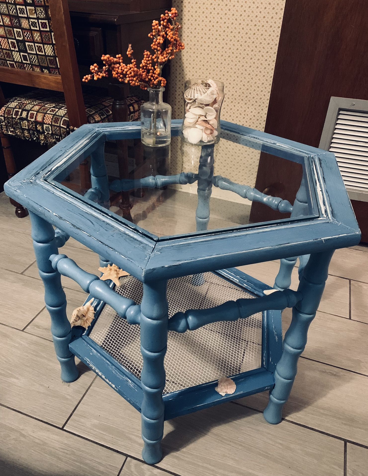 Blue Beach Themed Hexagonal Glass Top Table With Shells