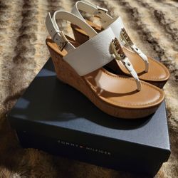 Tommy Hilfiger  Women's Manne White Cork Wedge Sandals Size 7.5