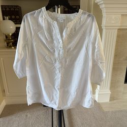 PureJill White Embroidered 3/4 Sleeve Button Front Blouse/Tunic