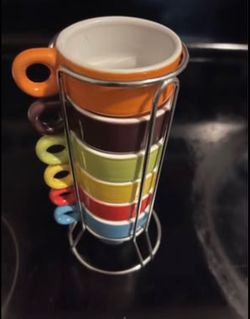 Set of 6 Multi-Colored Ceramic Espresso Cups with Metal Rack
