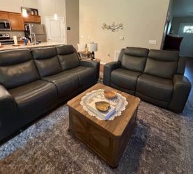 Like-New Top Grain Leather Reclining Sofa & Matching Loveseat | Adjustable Headrests | USB Charging