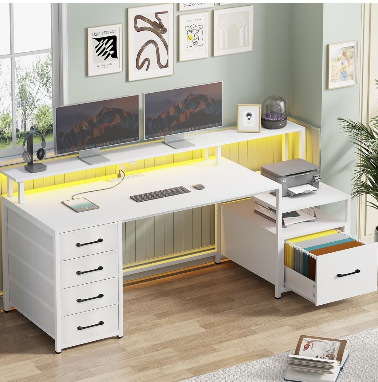 Desk With Printer Shelf And File Cabinet