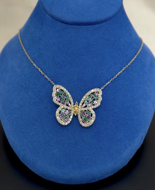 18k Natural Diamond with Pink /Yellow Sapphire and Emerald Baguette butterfly