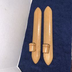 Vintage Pair 2 Wooden Wall Candle Sconces 15” Tall Slender Hardwood Made In USA