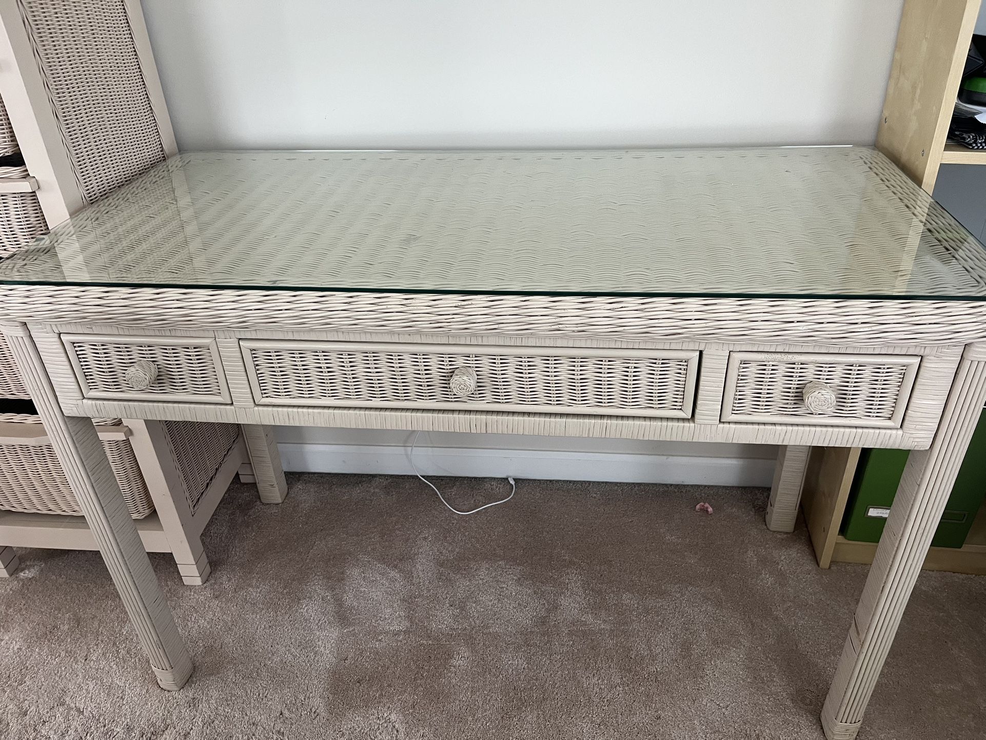 Wicker Computer Desk, Chair and Side Cabinet with Drawers