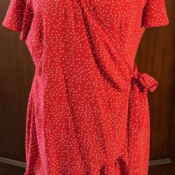 Women's XL Wrap V-Neck Short Sleeve Red and Polka Dot Ruffle Dress  