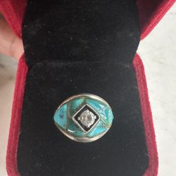 Vintage 925 Sterling Silver , Native Am. Genuine Turquoise Signed Ring , Size 7.25 , Not Registering As Diamond , Could Be Topaz Or Cz?