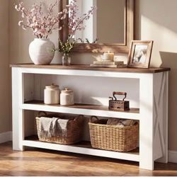 63 in. Long Entryway Table, 3-Tier Farmhouse Brown&White Rectangle Sofa Console Table