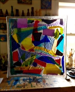 Fused art glass, by Sheri Law, Abstract Collage Geometric Organic Shape 9.5×9.5