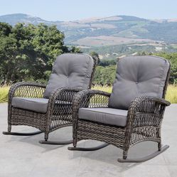 2pcs of sets Outdoor Wicker Rocking Chair with Cushions with Cushions, Rocking Chairs, Wicker Chairs Grey Metal, Wicker, Fabric-$229