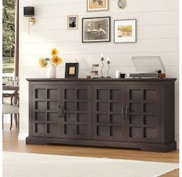 70" Sideboard Buffet Cabinet with Storage, Coffee Bar Cabinet with 4 Doors, Long Wider Storage Cabinet Modern Farmhouse, Brown Wood, for Kitchen, Dini