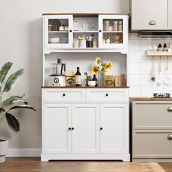 71'' Kitchen Pantry Buffet Hutch, Freestanding Storage Cabinet with Countertop & Adjustable Shelves, Food Cupboard with Doors and Drawers, White