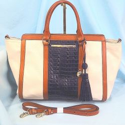 Brahmin Anna Satchel In Cream Lady Vineyard Handbag With Leather Strap
