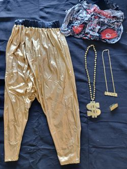 80s 90s Hip Hop Rapper Costume Set - Gold Pants, Inflatable Boombox &
