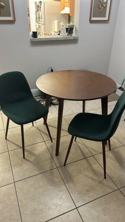 Modern Round Dining Table + 2 Green Upholstered Chairs