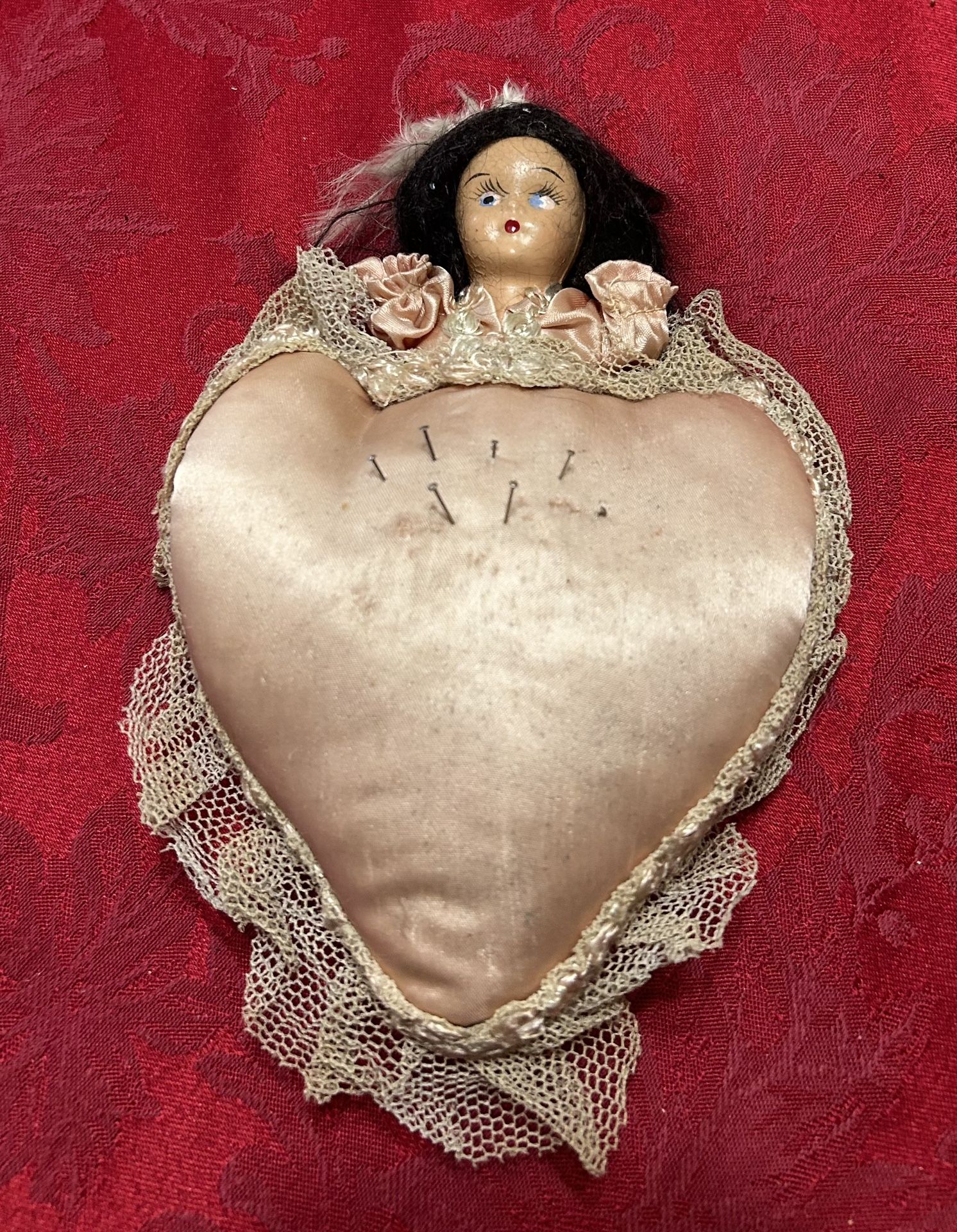 Early Antique Doll With Heart Sawing Pin Holder