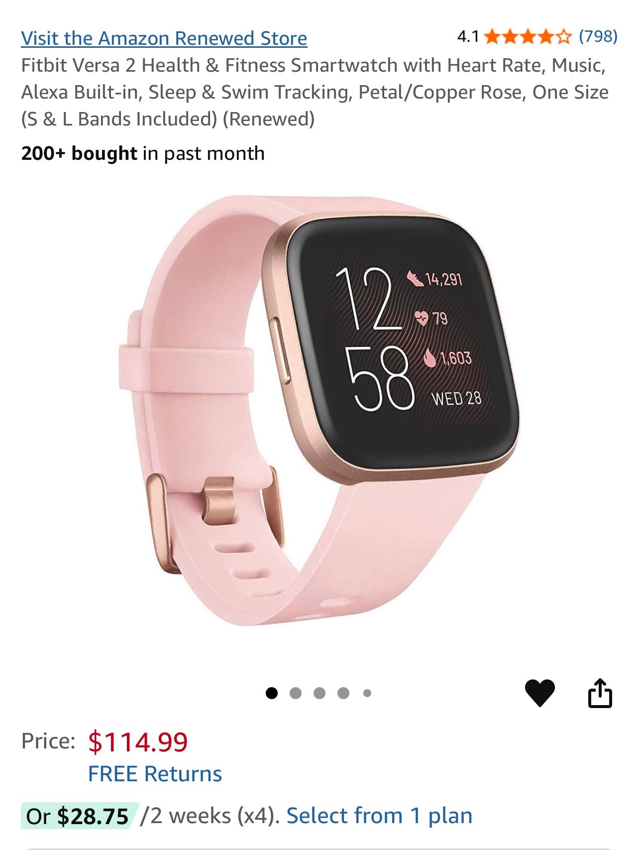 Fitbit Versa 2 Health & Fitness Smartwatch with Heart Rate, Music, Alexa Built-in, Sleep & Swim Tracking, Petal/Copper Rose,