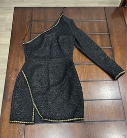 Zara Asymmetric Textured Mini Dress XS One Shoulder Black Gold Trim Slit Party