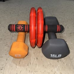 8lbs and 15lbs  dumbbells and Ab Wheel