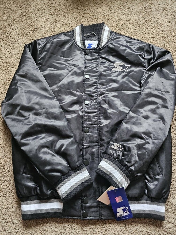 New STARTER  Varsity Black Grey Satin Jacket Logo Zip 019MN004 Men's Size Medium Or Large $225 Retail