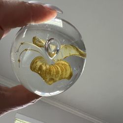 GLASS PAPER WEIGHTS--CLEAR WITH YELLOW FLOWER AND BUBBLE