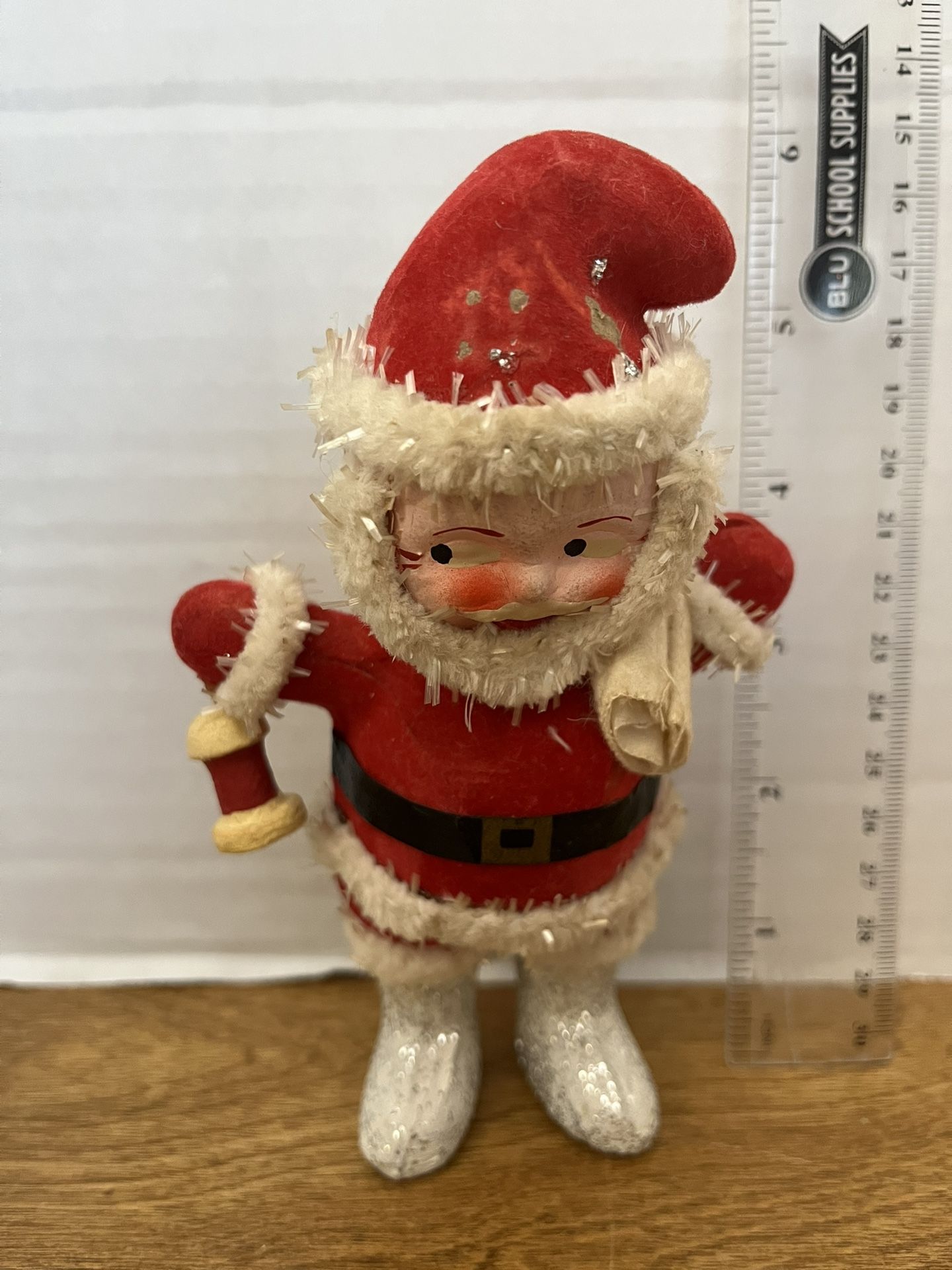 Vintage Western Germany Santa Flocked Paper Mache Chenille Mica