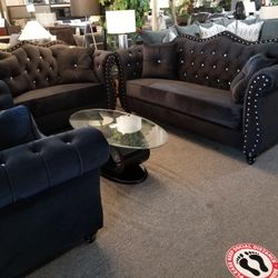 Brand New Black Velvet Modern Sofa + Loveseat 2PCs Set