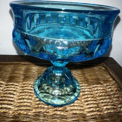 Vintage Footed Aqua Blue Glass Dish Glassware 