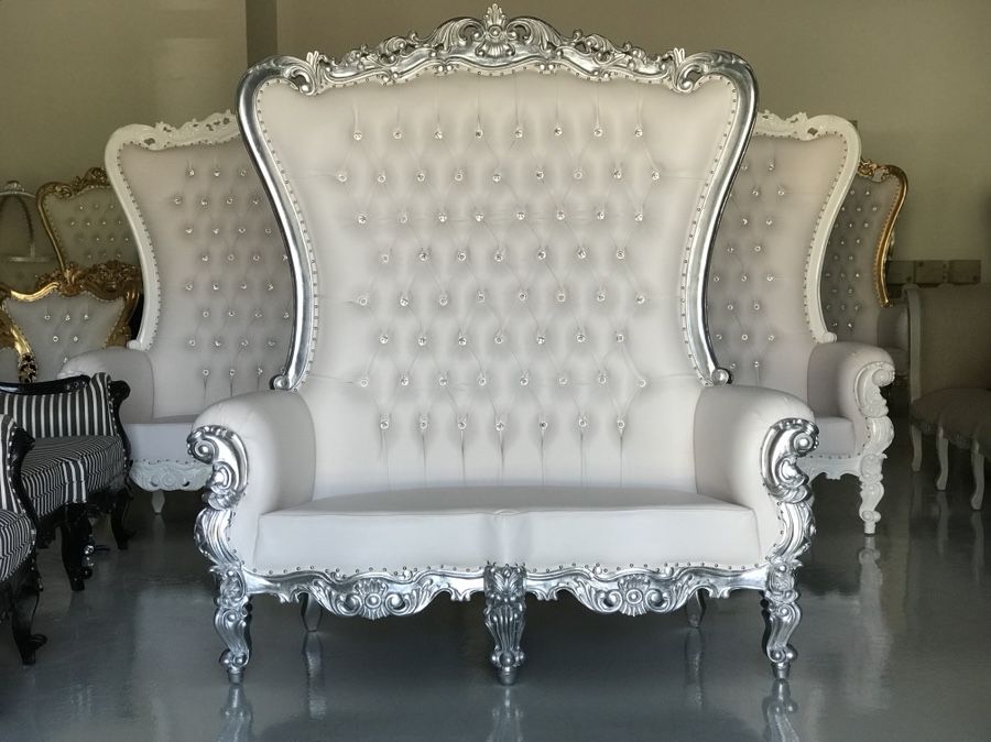 Free nationwide delivery | silver leaf throne loveseat sofa lounge settee king queen princess royal baroque wedding event party photography hotel lou