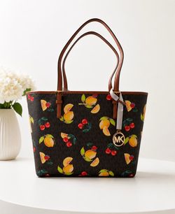 Michael Kors Jet Set Travel Medium Logo Fruit Print Zip Tote, Gold MK Charm
