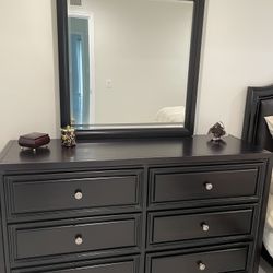 Long 6 Drawer Dresser  Dark Brown Wood With Mirror Like New  60 L X 18 D X 35 H