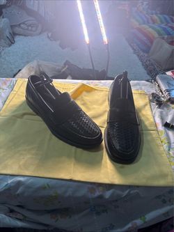 Black Woven Leather Penny Loafers Bass
