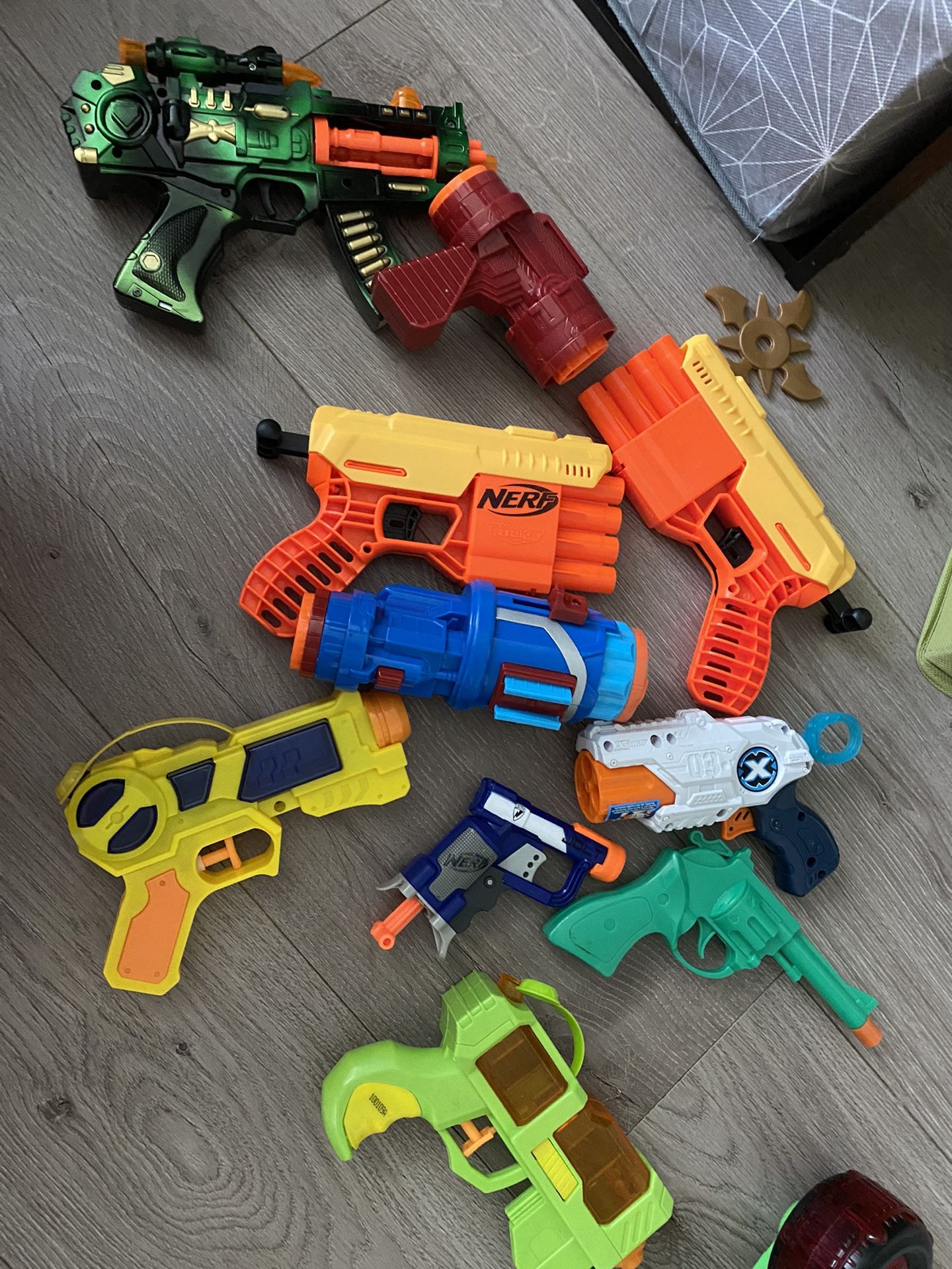 Toys. Nerf guns. Water guns.