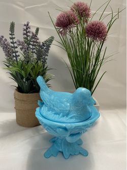 Vintage Westmoreland Blue Slag Glass Bird On A Nest