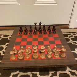 Vintage solid wood chess set with storage drawer