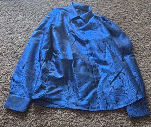 DiBanGu Men's Blue Paisley Silk Button-Down Shirt