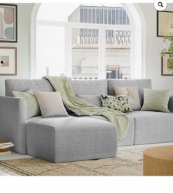 Beautiful Drew Modular Sectional Sofa with Ottoman by Drew Barrymore, Gray Fabric