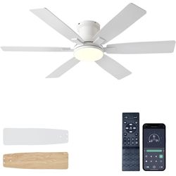 52 inch White Ceiling Fans with Lights and Remote, Low Profile Ceiling Fan with Light, Flush Mount, Reversible, 3CCT, Dimmable, Noiseless, Flush Mount