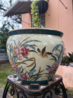 Large Ceramic Fishbowl Planter with Floral Bird Design