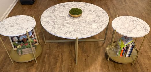 3-Piece Faux Marble & Gold Coffee Table + End Table Set